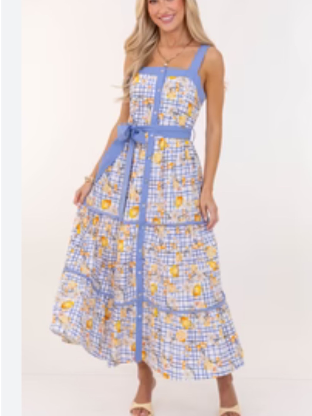New Blue Gingham Lemon Print Bow Maxi Dress - Picture 9 of 9